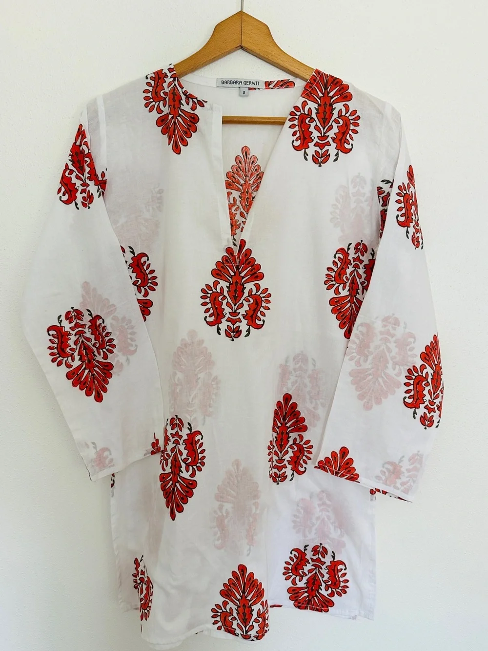 Barbara Gerwit Red White Block Print Cotton Tunic Kaftan Dress Small SZ Style - Picture 1 of 5
